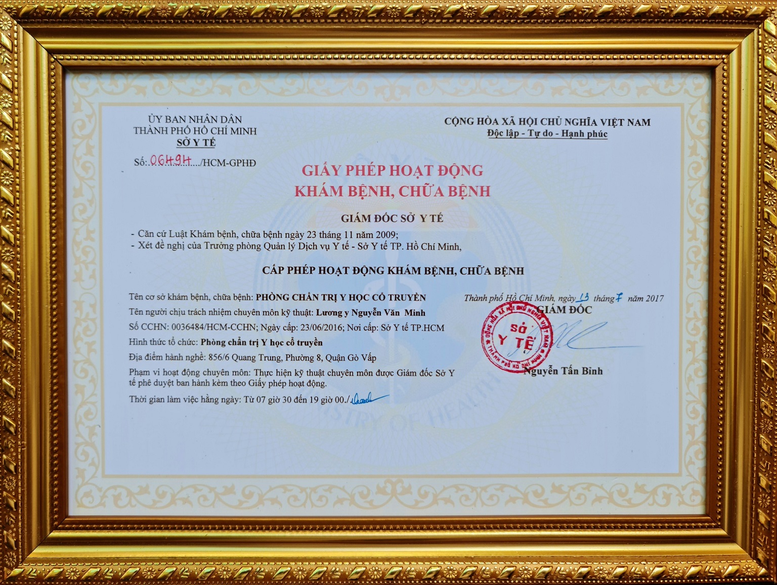 Giấy phép khám bệnh, chữa bệnh của Lương y Nguyễn Văn Minh